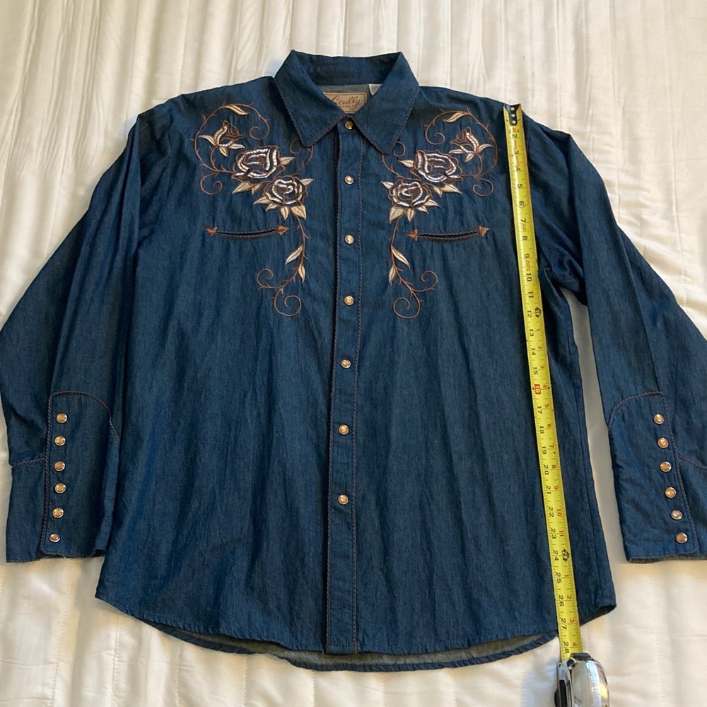 Scully Blue Denim Shirt with embroidered Western Pattern, Pearl snaps